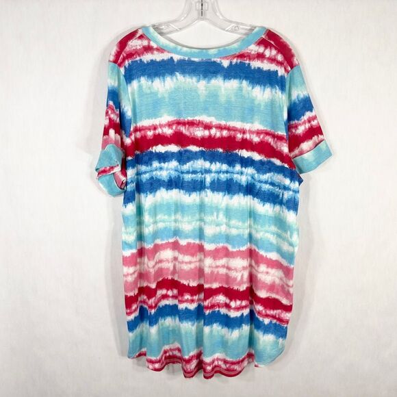 Woman Within Plus Size 1X 22W 24W Top Blue Red Tie Dye Striped V‎ Neck 1652 - Picture 2 of 9